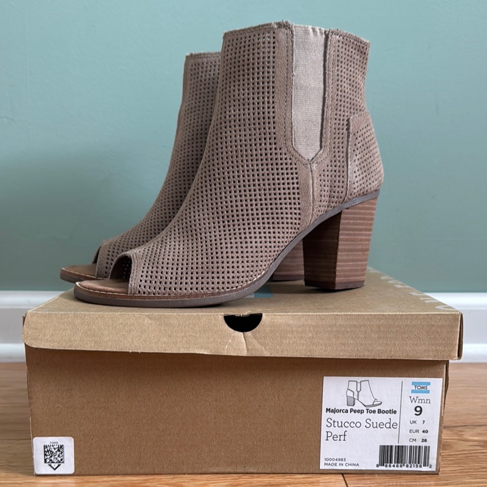 Toms Tan Ankle Booties with Peep Toe and Chunky Heel